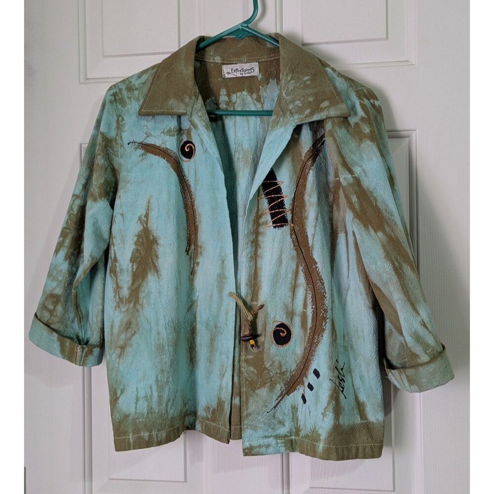 VTG Art-To-Wear Blazer Jacket Womens Medium Turquoise Beige Toggle Closure Boho